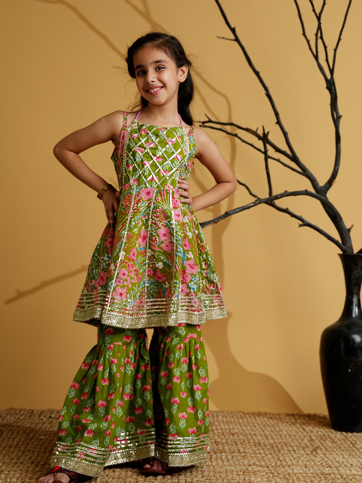 Green Cotton Sleeveless Floral Print Girls Kurti and Sharara Set with Gotta Work - AJ Dezines