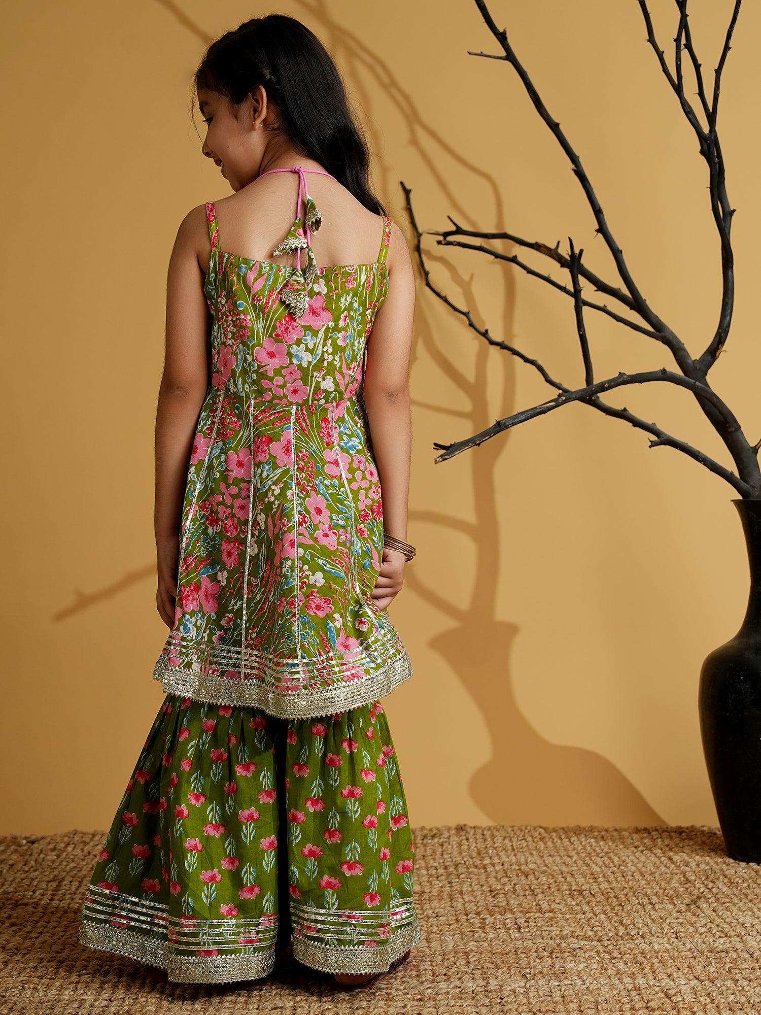 Green Cotton Sleeveless Floral Print Girls Kurti and Sharara Set with Gotta Work - AJ Dezines