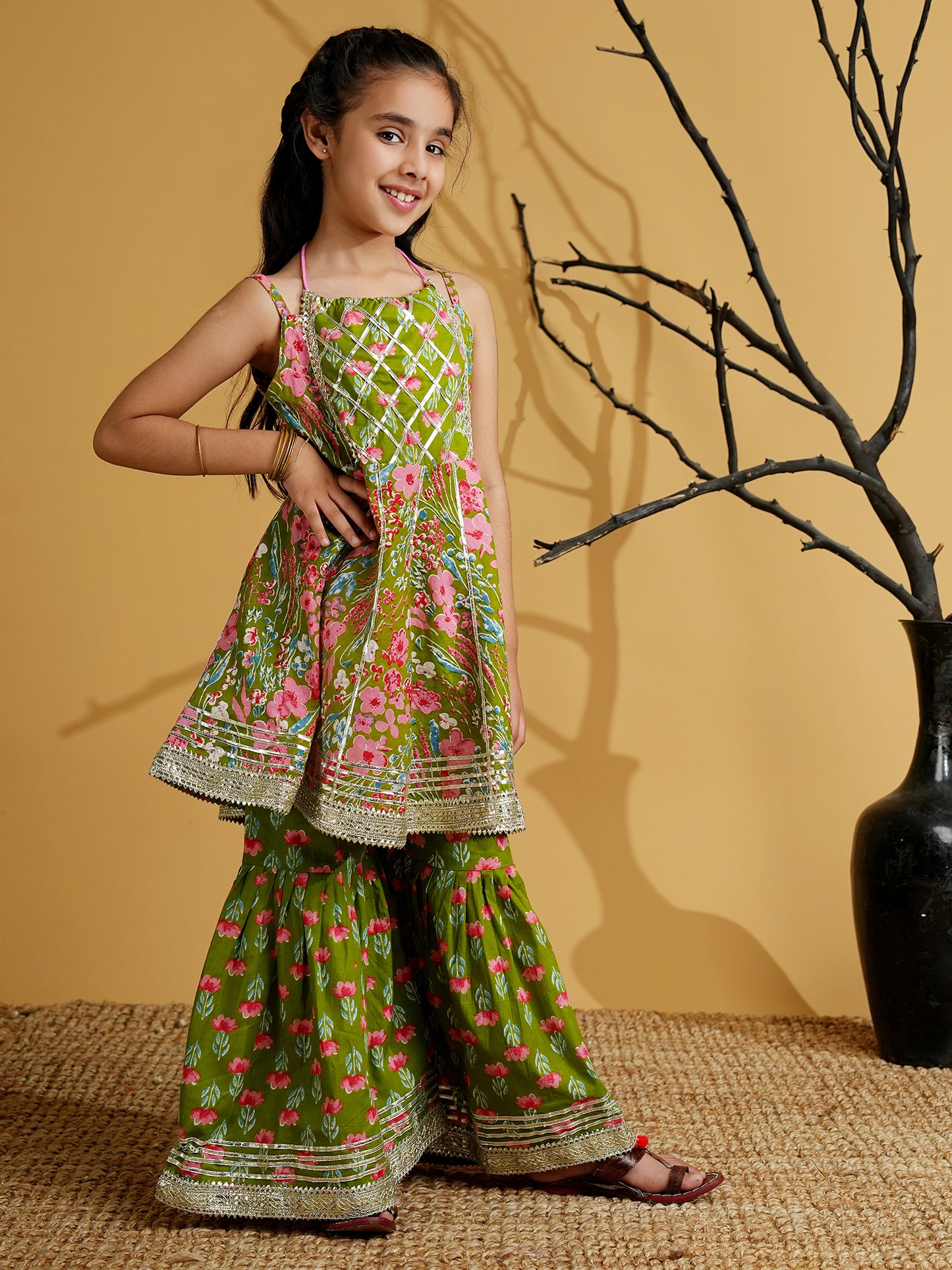 Aj Dezines Green Cotton Sleeveless Floral Print Girls Kurti and Sharara Set with Gotta Work