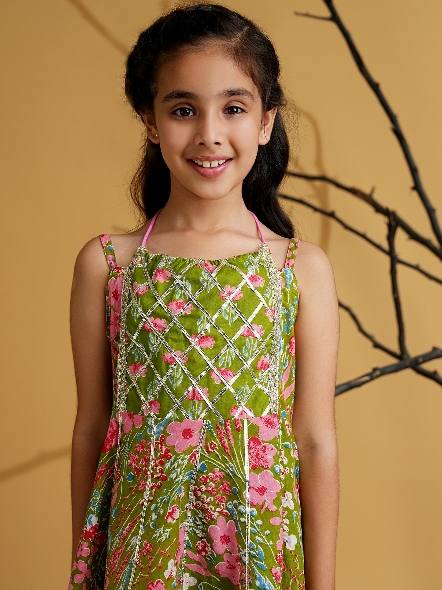 Aj Dezines Green Cotton Sleeveless Floral Print Girls Kurti and Sharara Set with Gotta Work