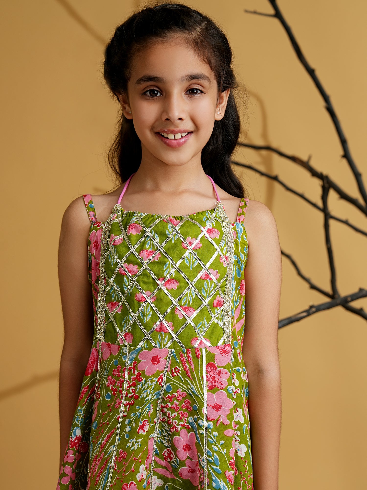 Green Cotton Sleeveless Floral Print Girls Kurti and Sharara Set with Gotta Work - AJ Dezines