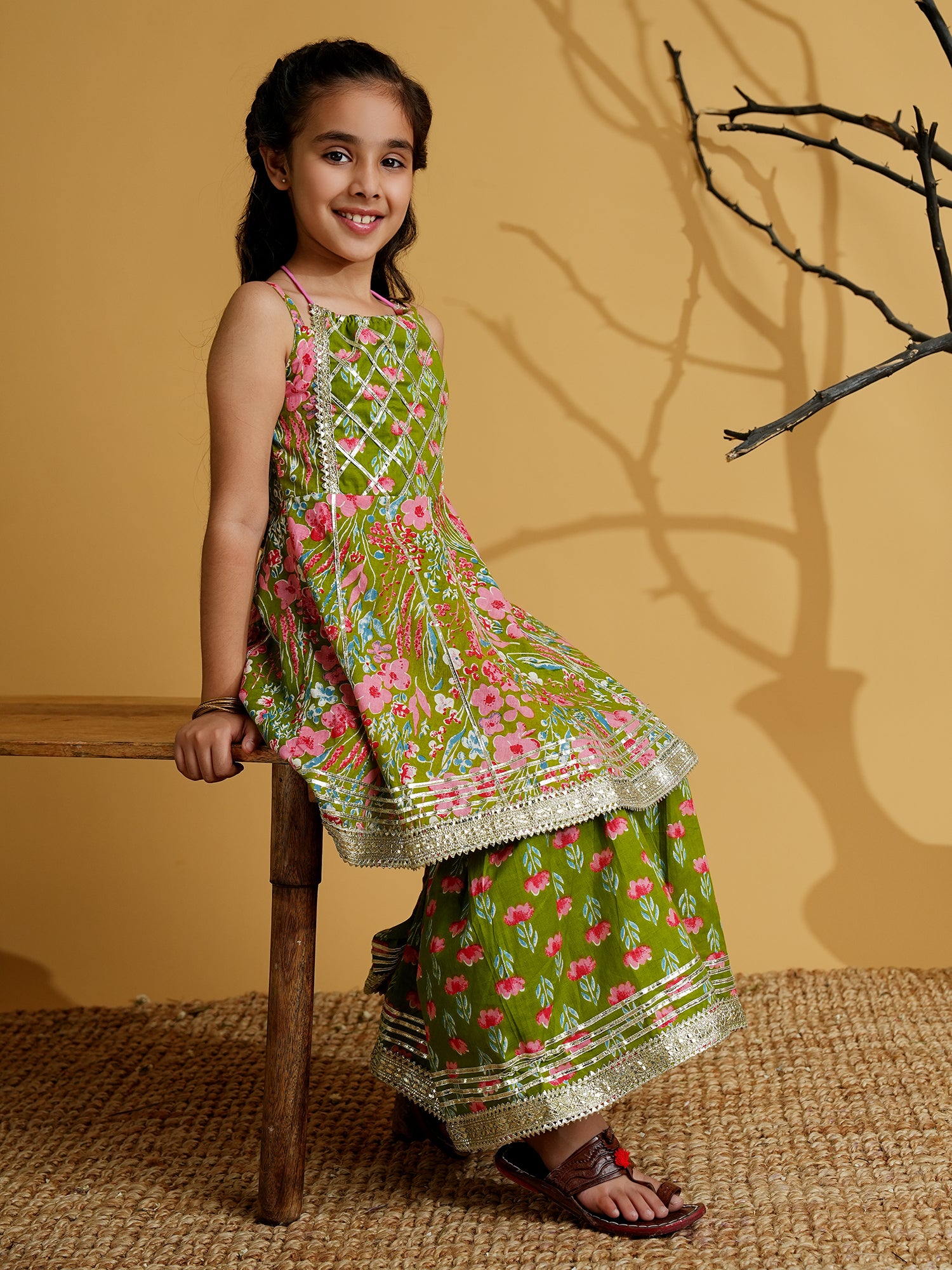 Green Cotton Sleeveless Floral Print Girls Kurti and Sharara Set with Gotta Work - AJ Dezines