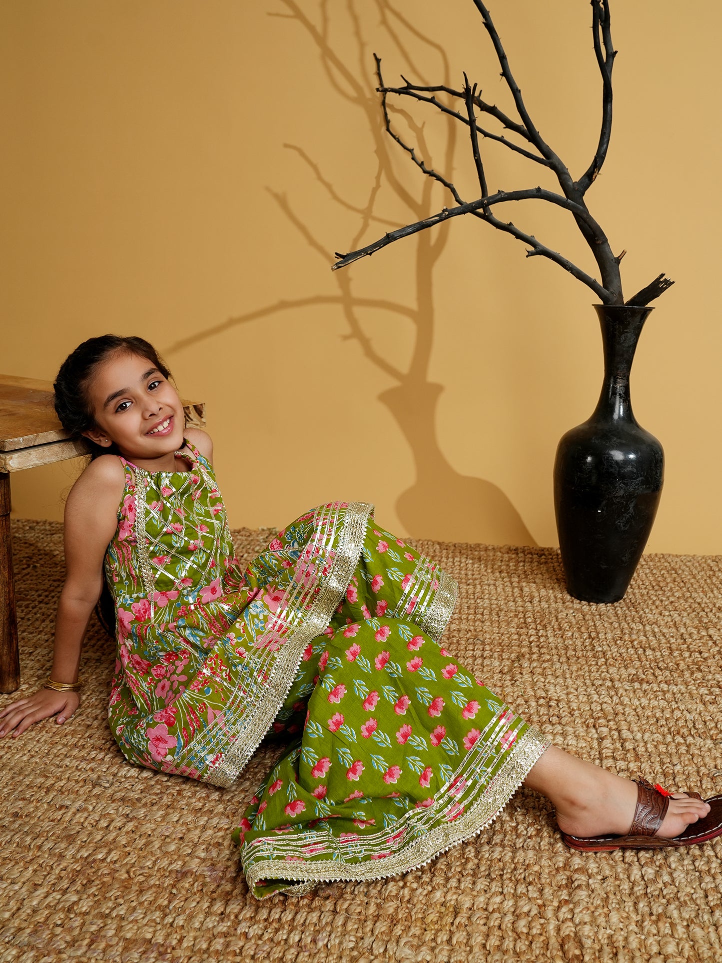 Aj Dezines Green Cotton Sleeveless Floral Print Girls Kurti and Sharara Set with Gotta Work