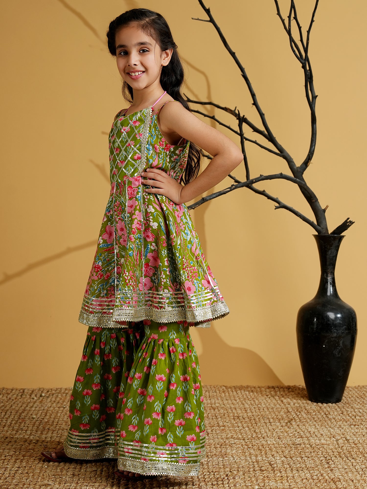 Green Cotton Sleeveless Floral Print Girls Kurti and Sharara Set with Gotta Work - AJ Dezines