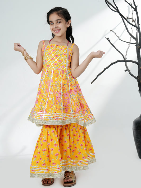Aj Dezines Yellow Cotton Sleeveless Floral Print Girls Kurti and Sharara Set with Gotta Work