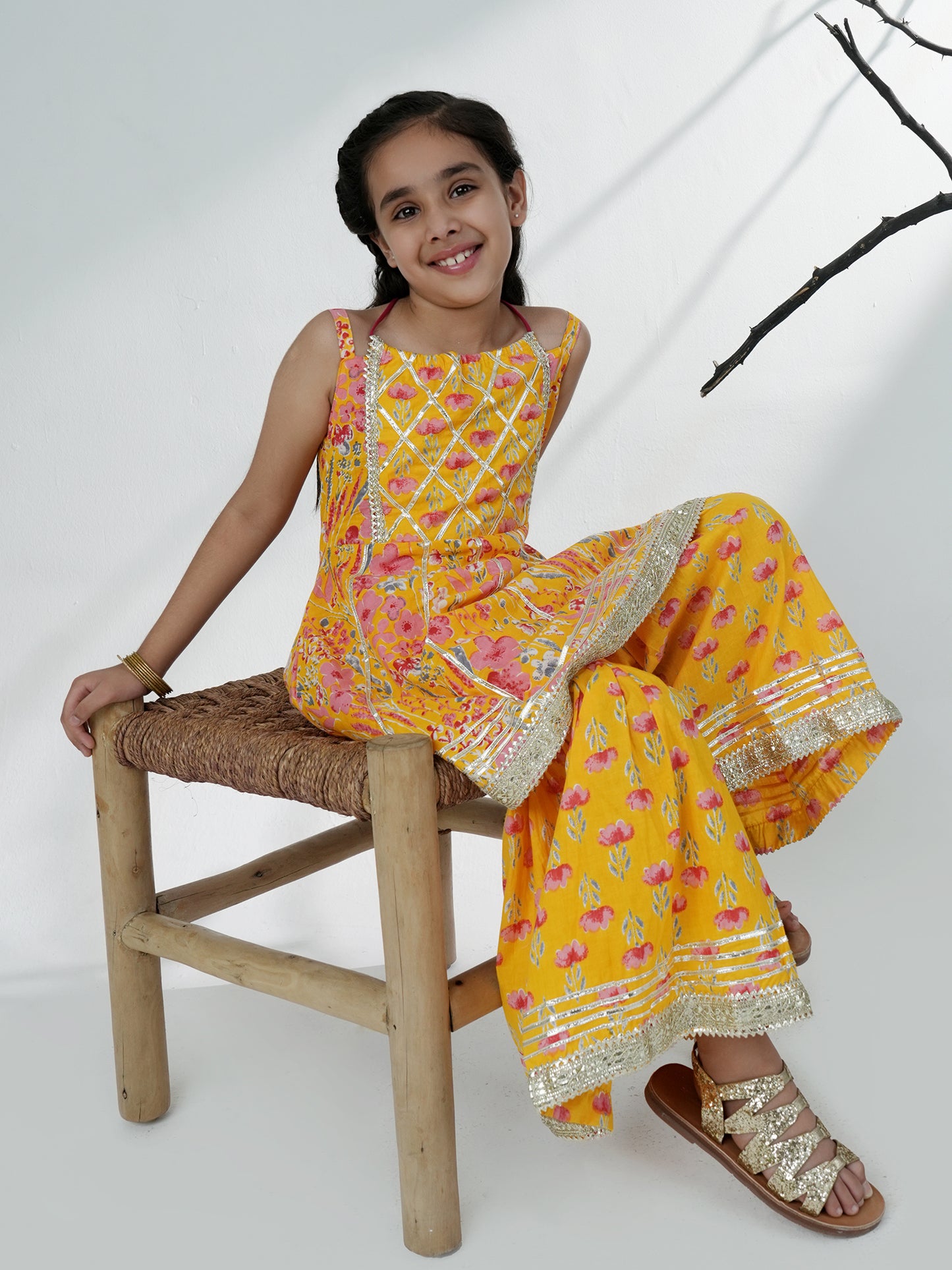 Aj Dezines Yellow Cotton Sleeveless Floral Print Girls Kurti and Sharara Set with Gotta Work