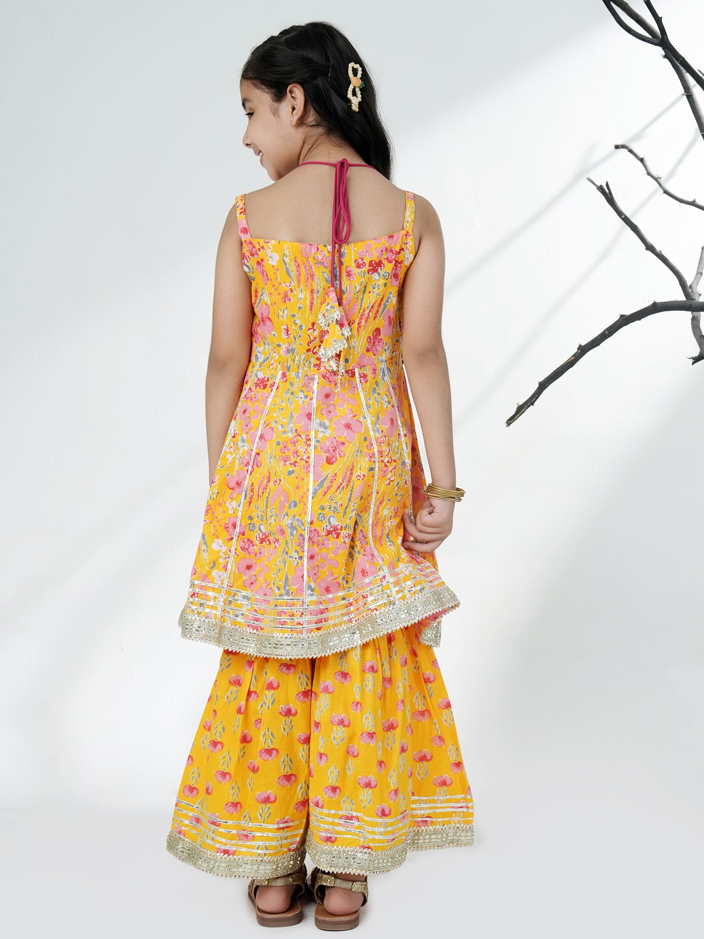 Aj Dezines Yellow Cotton Sleeveless Floral Print Girls Kurti and Sharara Set with Gotta Work