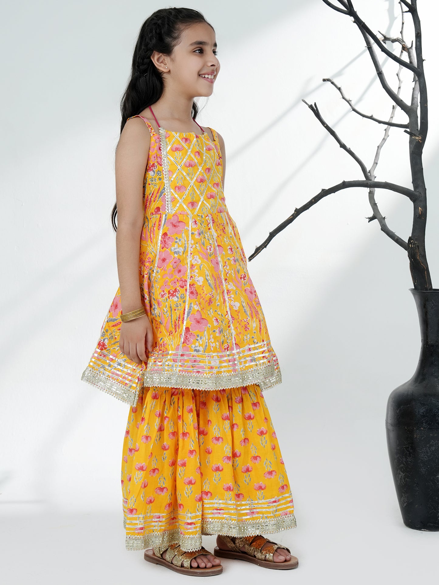Aj Dezines Yellow Cotton Sleeveless Floral Print Girls Kurti and Sharara Set with Gotta Work