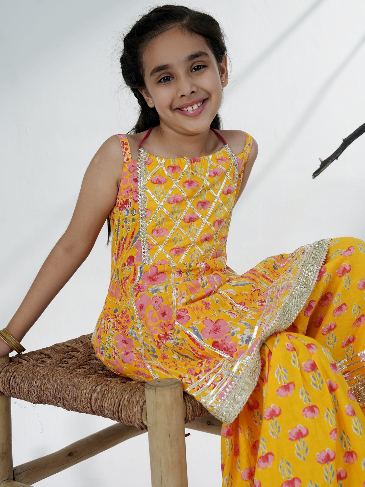 Aj Dezines Yellow Cotton Sleeveless Floral Print Girls Kurti and Sharara Set with Gotta Work