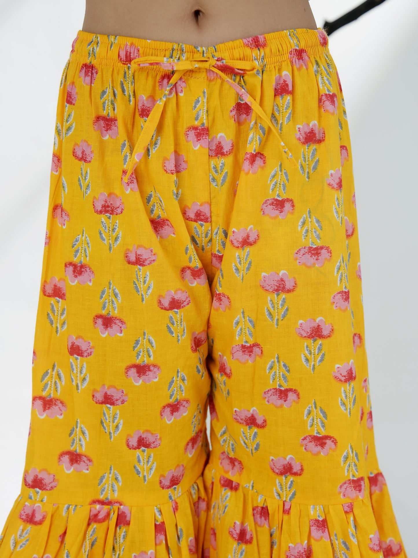 Aj Dezines Yellow Cotton Sleeveless Floral Print Girls Kurti and Sharara Set with Gotta Work