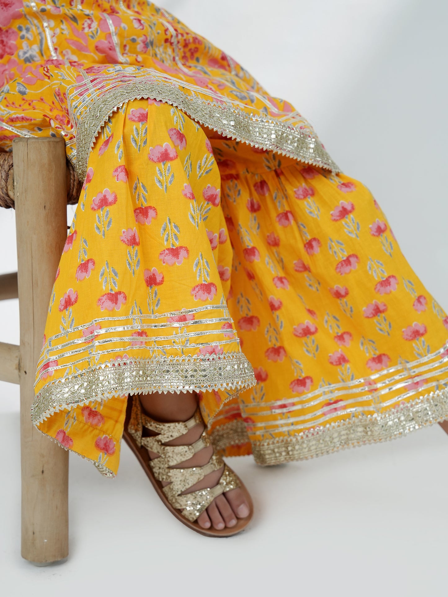 Aj Dezines Yellow Cotton Sleeveless Floral Print Girls Kurti and Sharara Set with Gotta Work