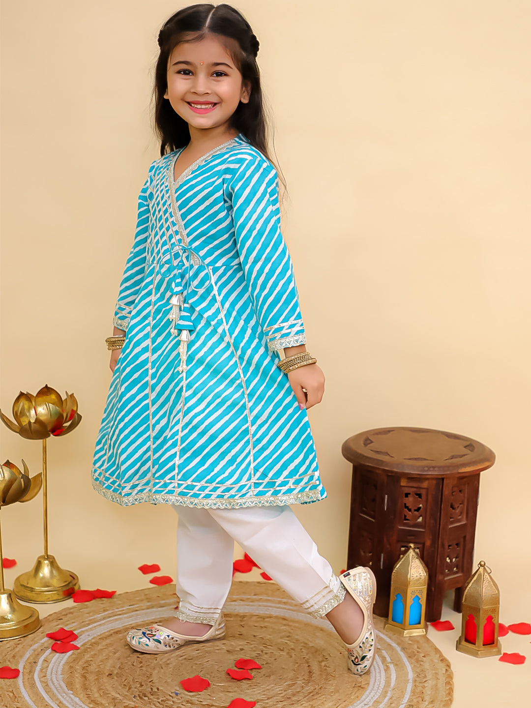 Blue Cotton 3/4th Sleeves Leheriya Print Girls Suit Set - AJ Dezines