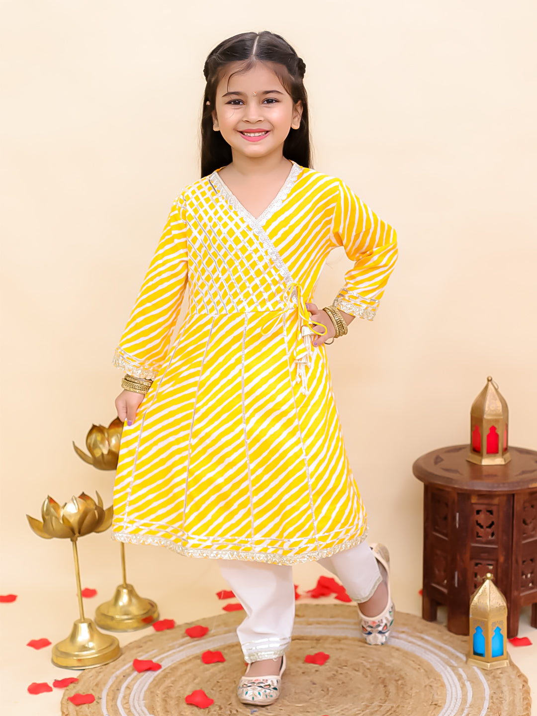 AJ Dezines Yellow Cotton 3/4th Sleeves Leheriya Print Girls Suit Set