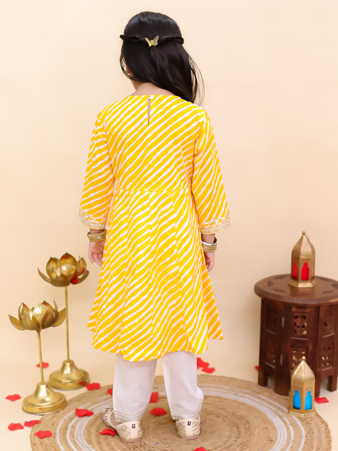 AJ Dezines Yellow Cotton 3/4th Sleeves Leheriya Print Girls Suit Set