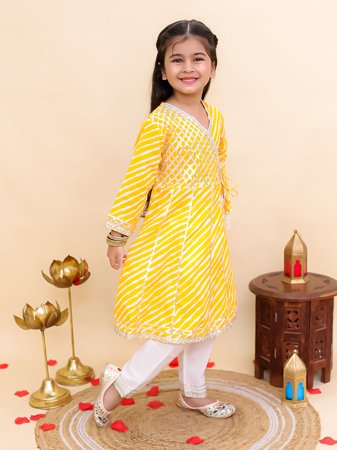 AJ Dezines Yellow Cotton 3/4th Sleeves Leheriya Print Girls Suit Set