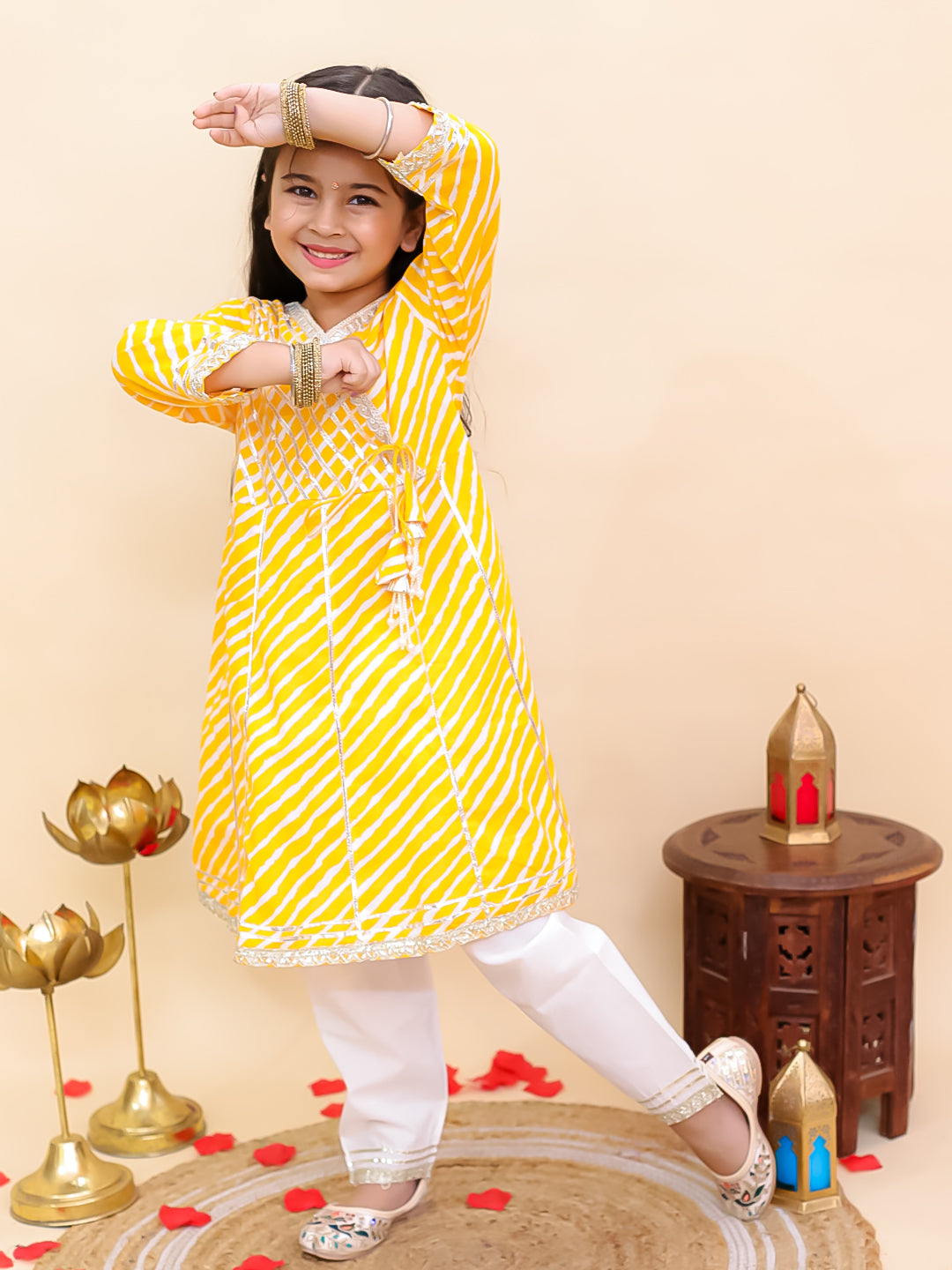 AJ Dezines Yellow Cotton 3/4th Sleeves Leheriya Print Girls Suit Set