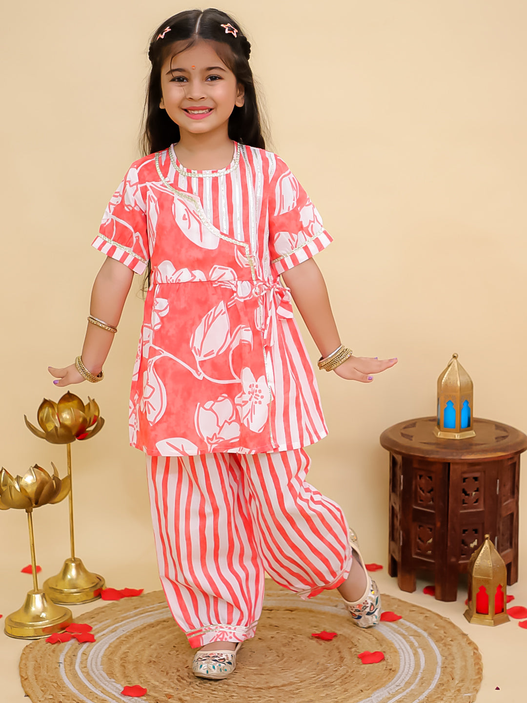 Red Cotton 3/4th Sleeves Floral Print Girls Suit Set