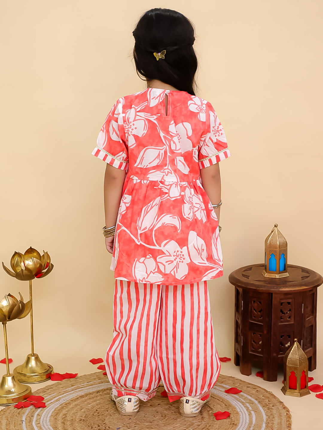 Red Cotton 3/4th Sleeves Floral Print Girls Suit Set