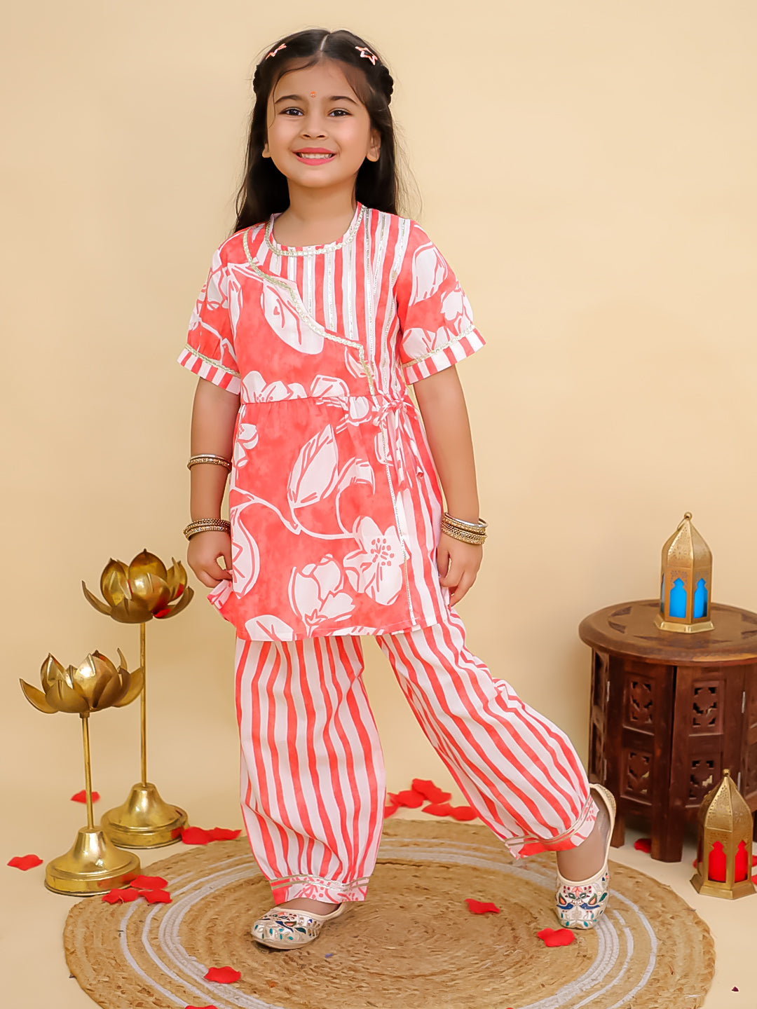 Red Cotton 3/4th Sleeves Floral Print Girls Suit Set
