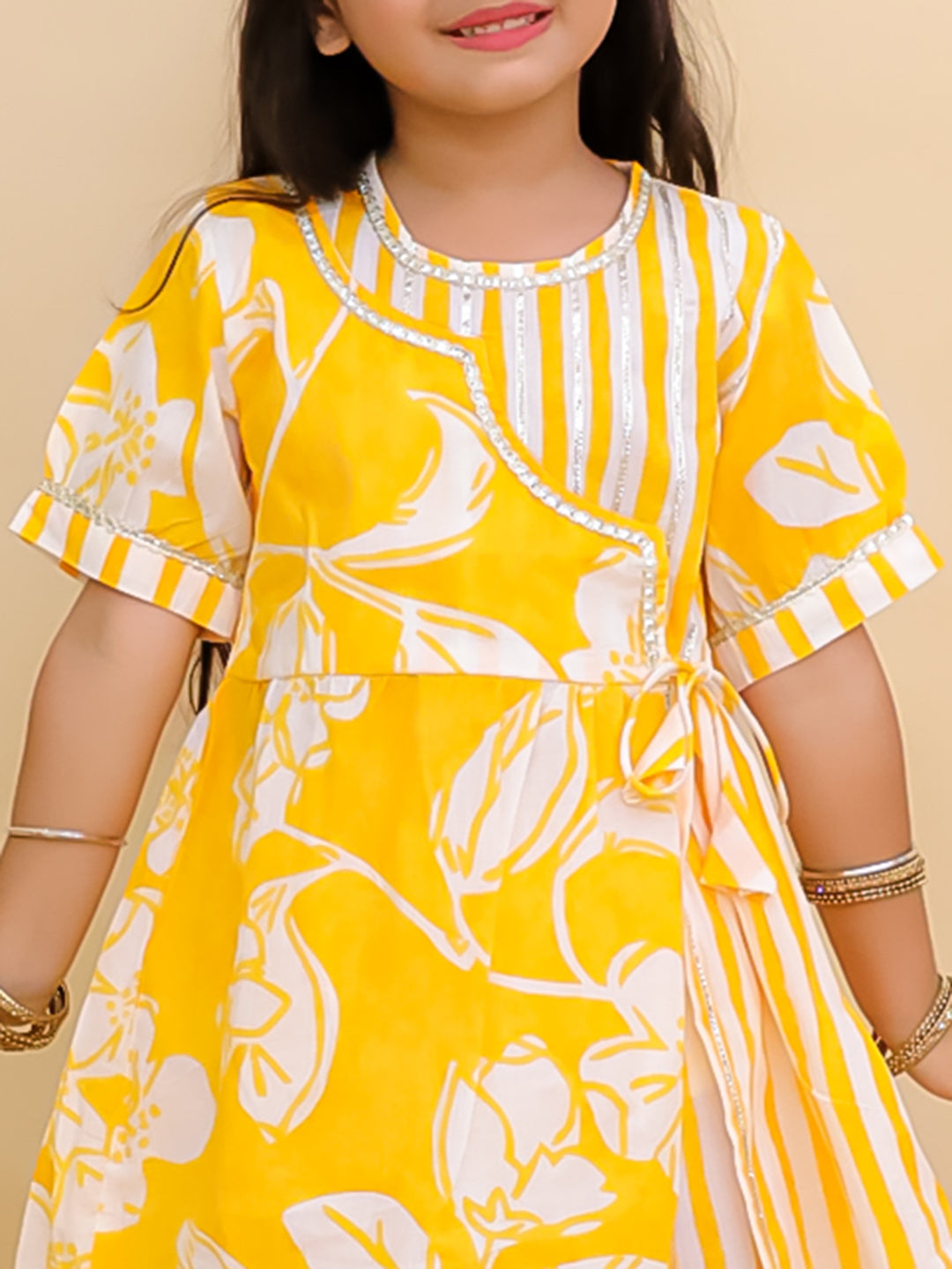 Yellow Cotton 3/4th Sleeves Floral Print Girls Suit Set