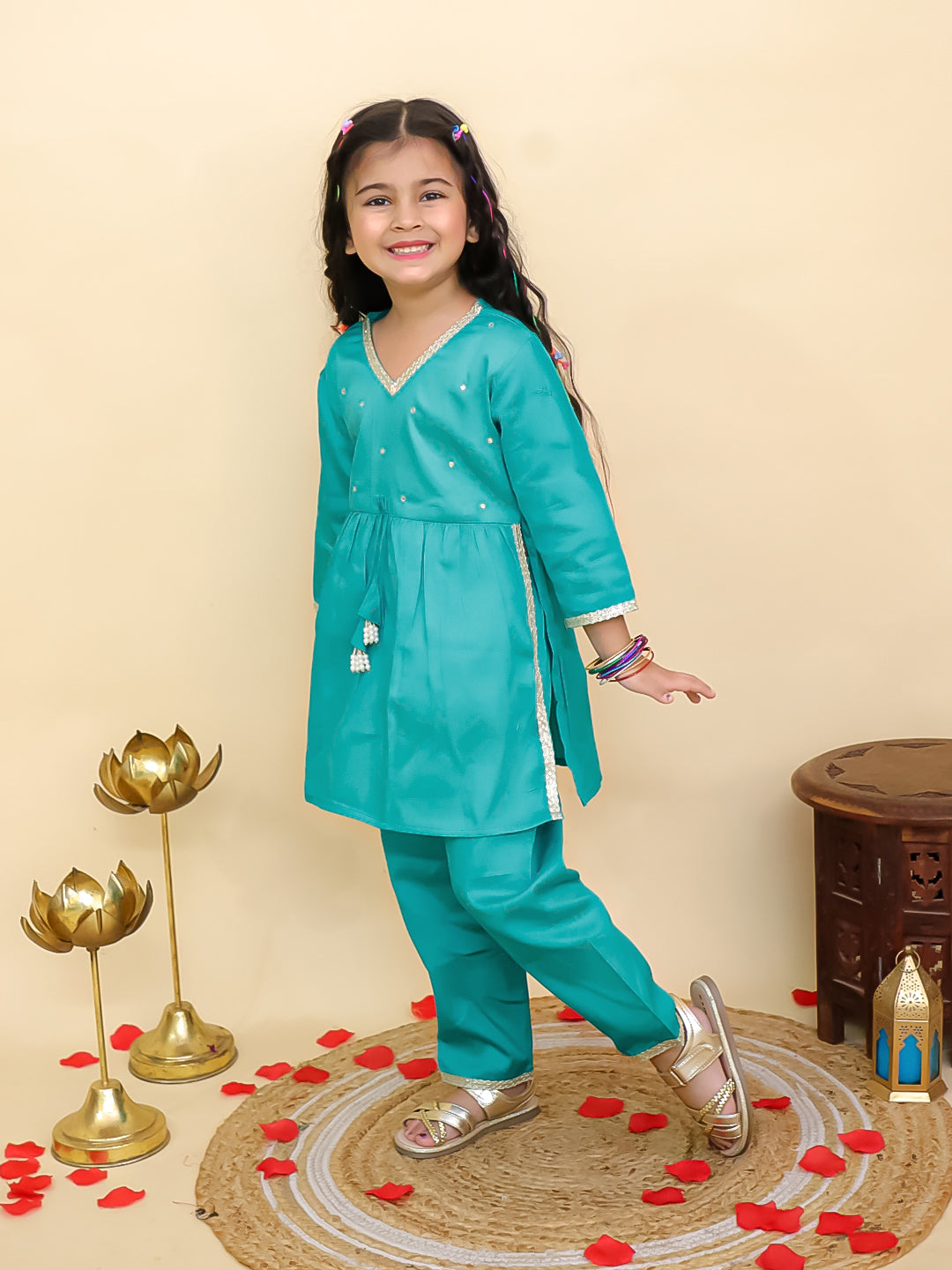 Blue Cotton 3/4th Sleeves Solid Girls Suit Set - AJ Dezines