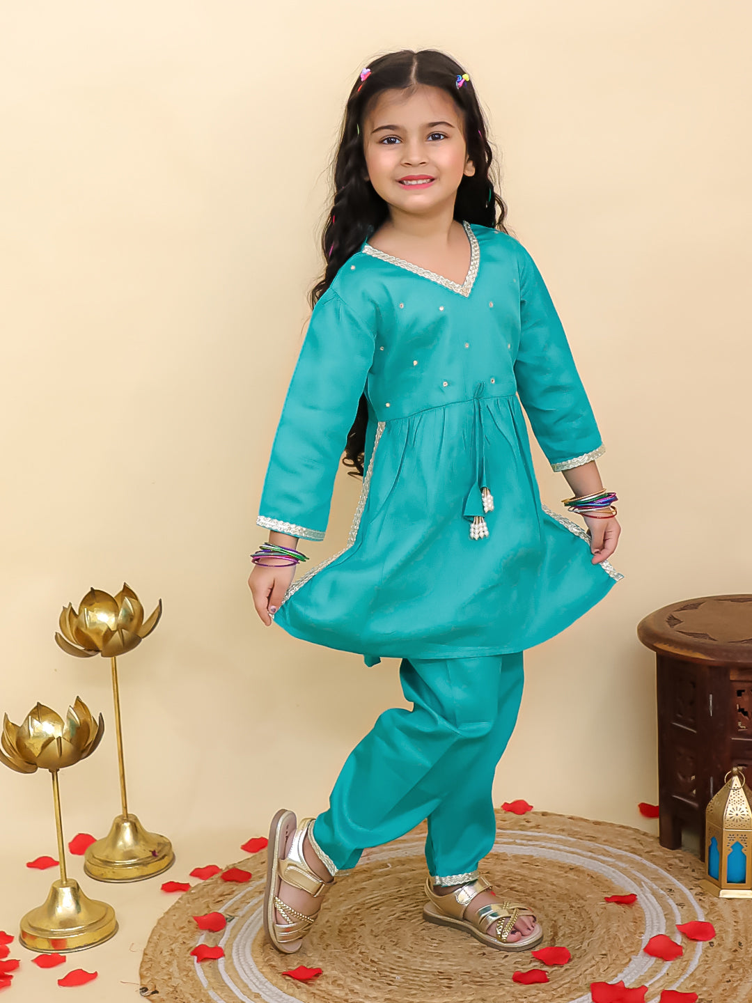 AJ Dezines Blue Cotton 3/4th Sleeves Solid Girls Suit Set