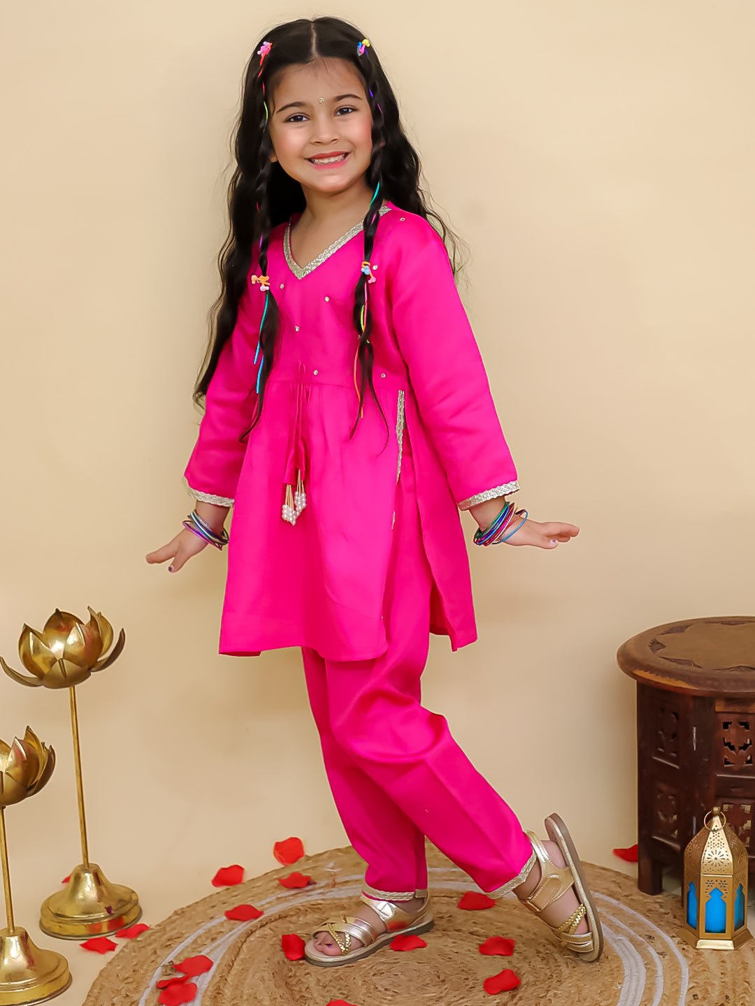 Pink Cotton 3/4th Sleeves Solid Girls Suit Set