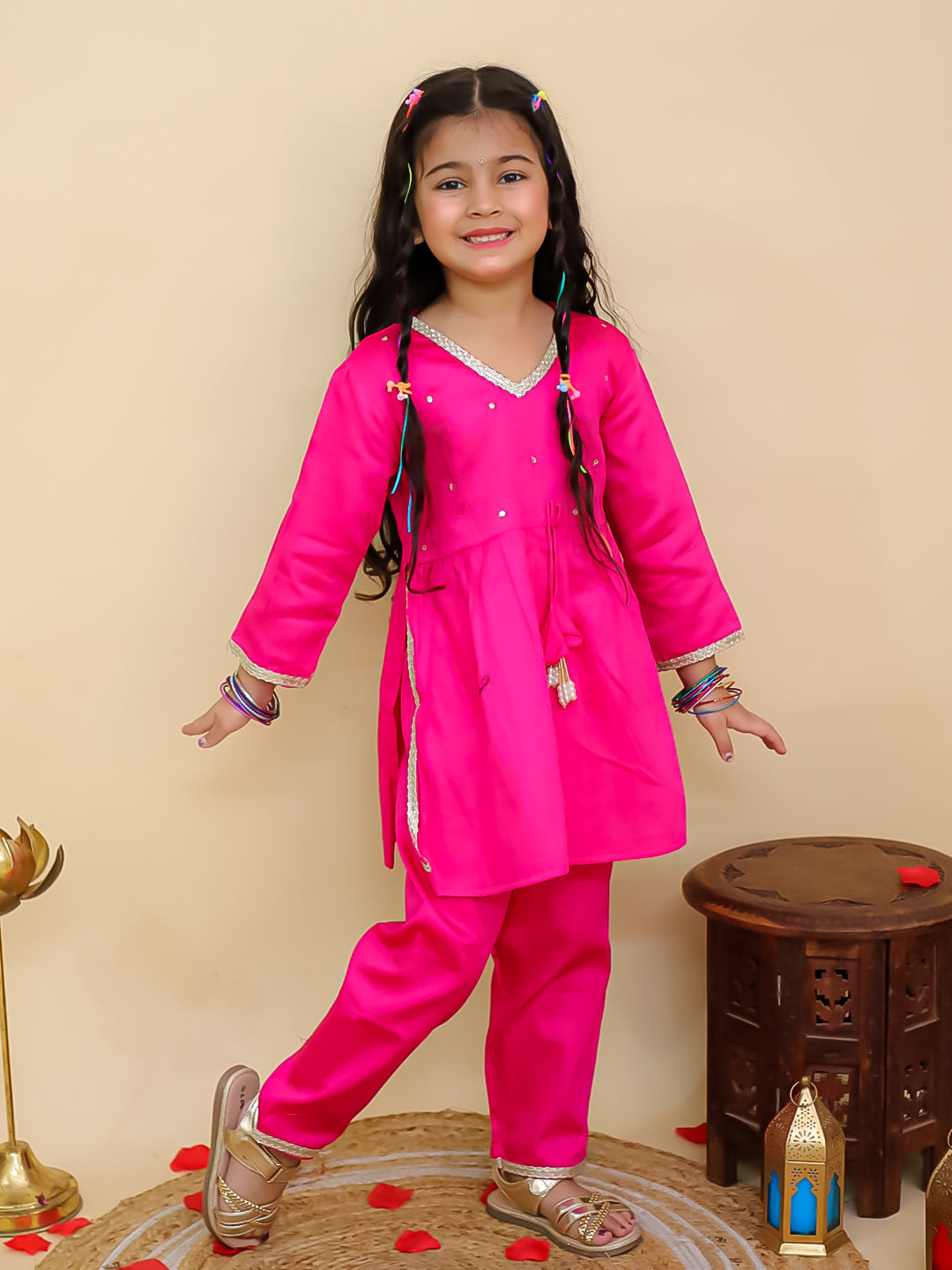 Pink Cotton 3/4th Sleeves Solid Girls Suit Set