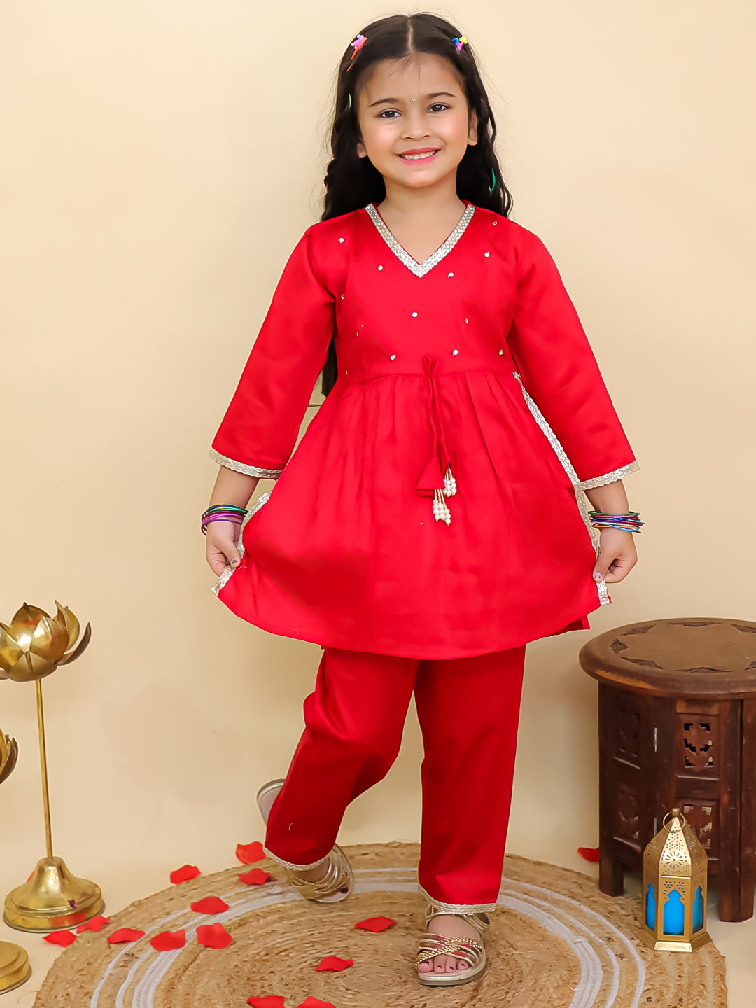 Red Cotton 3/4th Sleeves Solid Girls Suit Set
