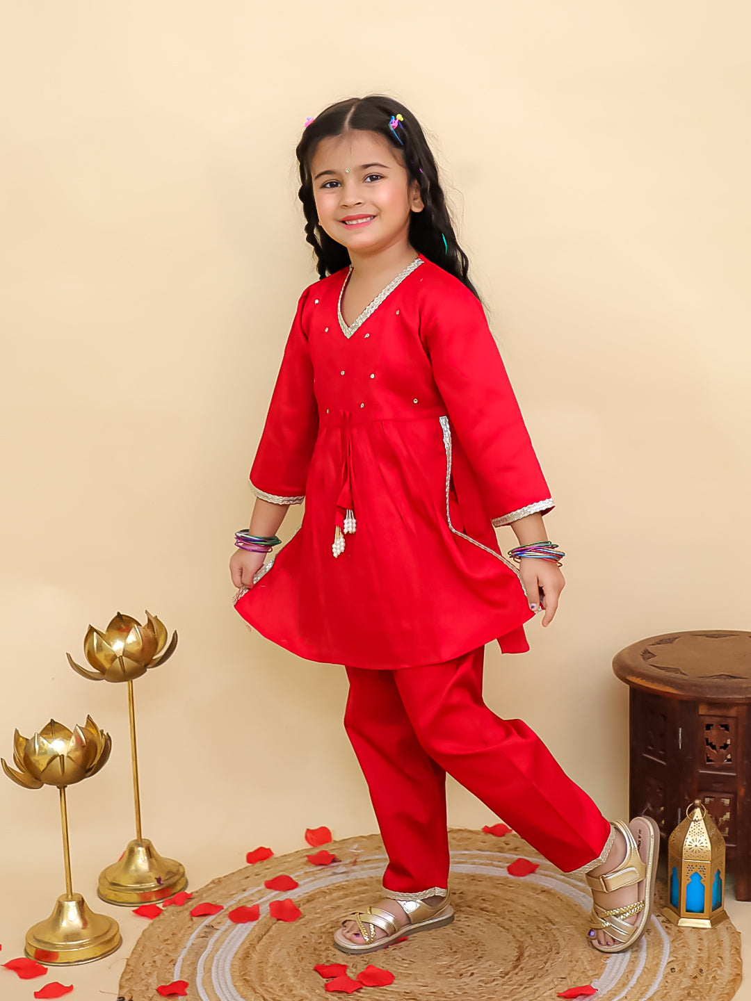 Red Cotton 3/4th Sleeves Solid Girls Suit Set