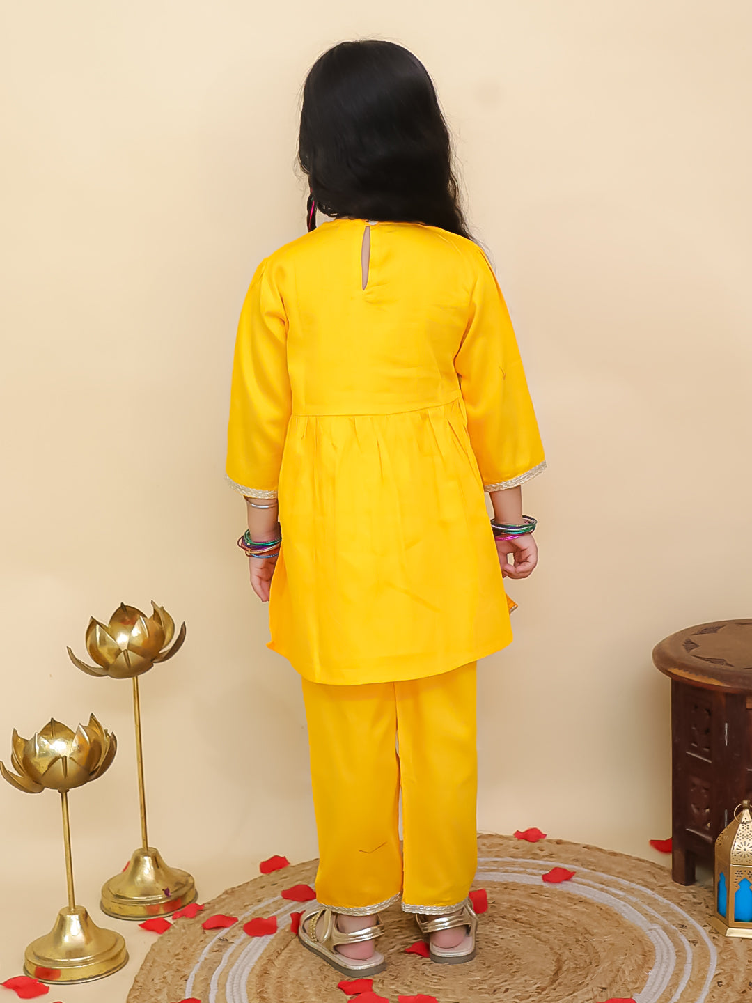 Yellow Cotton 3/4th Sleeves Solid Girls Suit Set