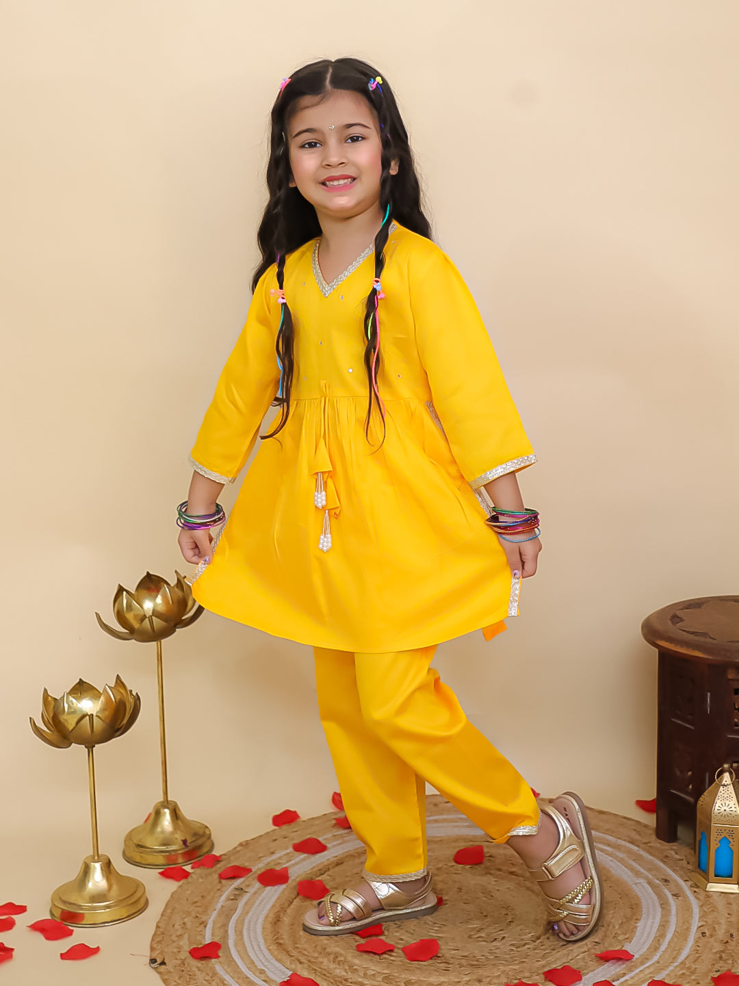 Yellow Cotton 3/4th Sleeves Solid Girls Suit Set