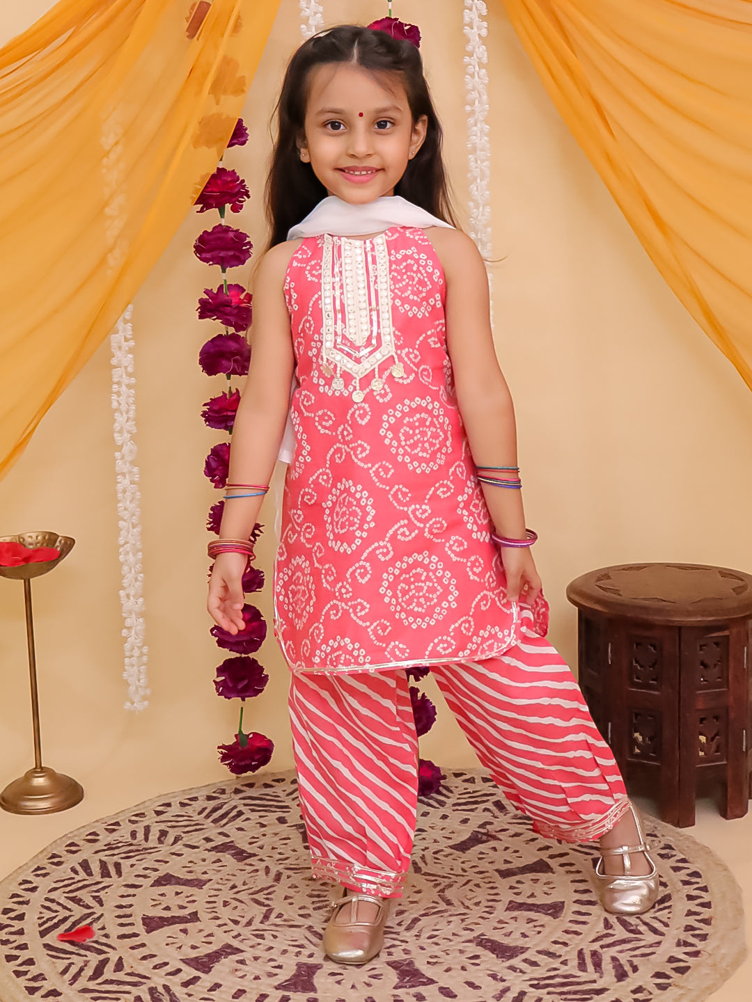 Red Cotton Sleeveless Floral Printed with Lace Girls Suit Set