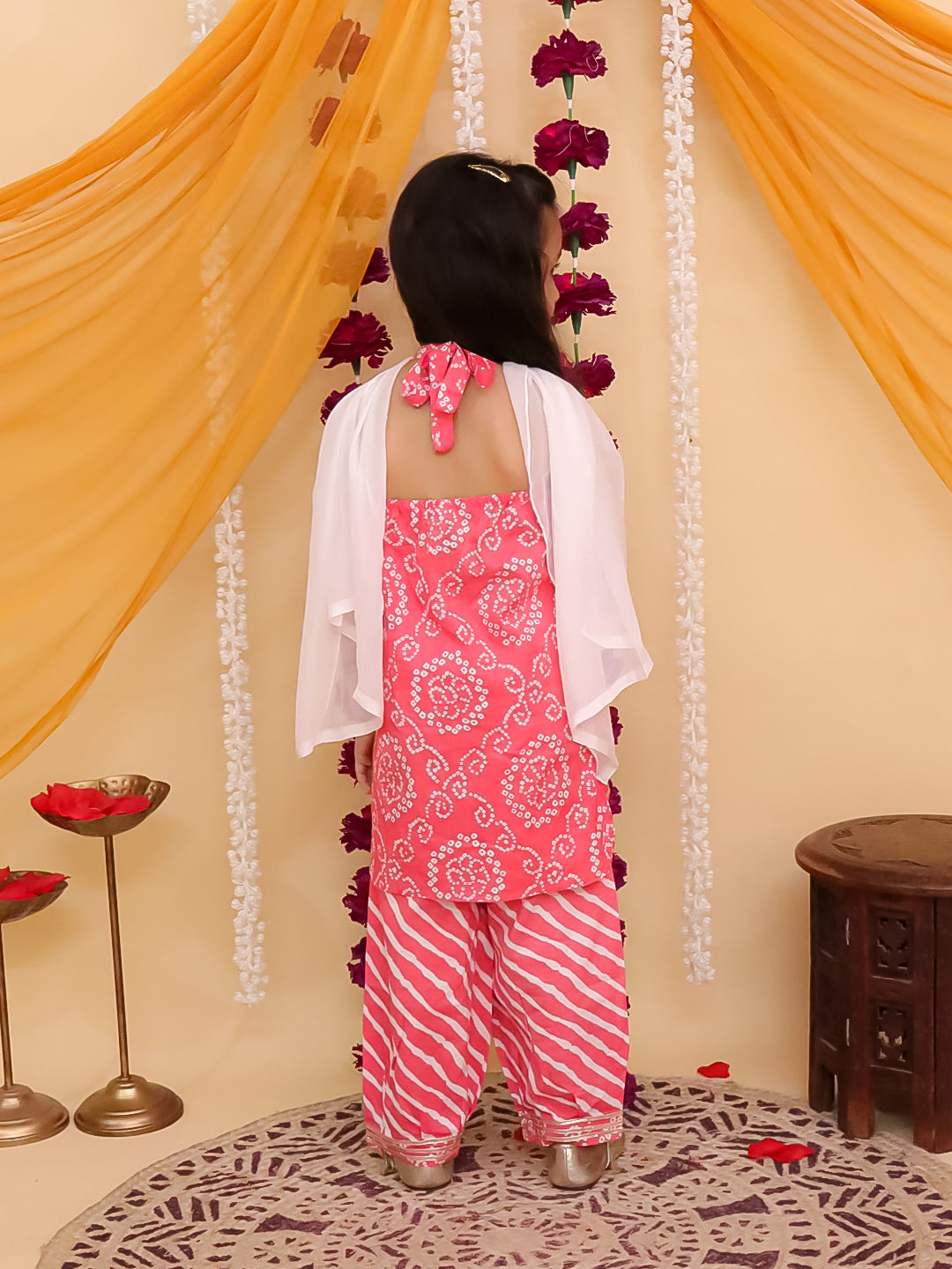 Red Cotton Sleeveless Floral Printed with Lace Girls Suit Set