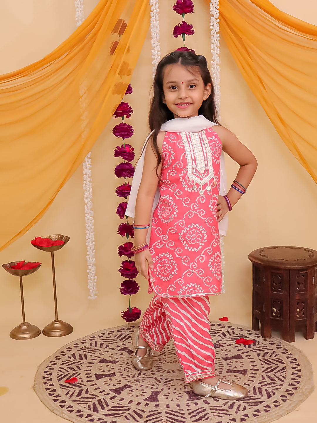 Red Cotton Sleeveless Floral Printed with Lace Girls Suit Set
