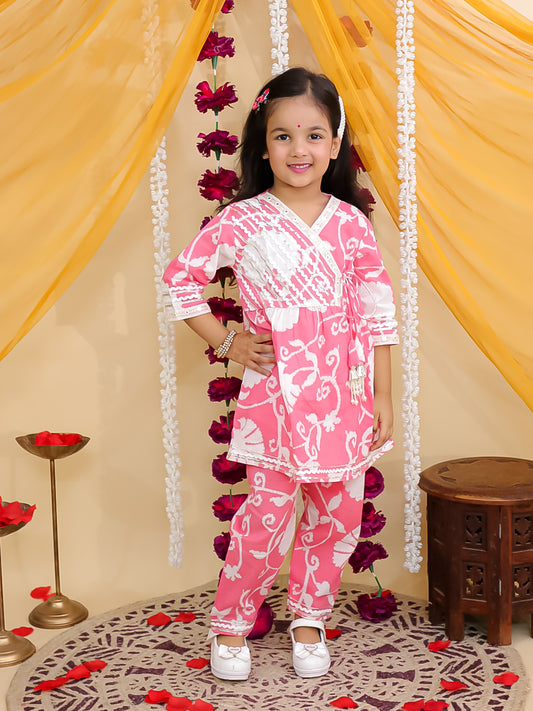 Pink Cotton 3/4th Sleeves Floral Printed with Lace Girls Suit Set