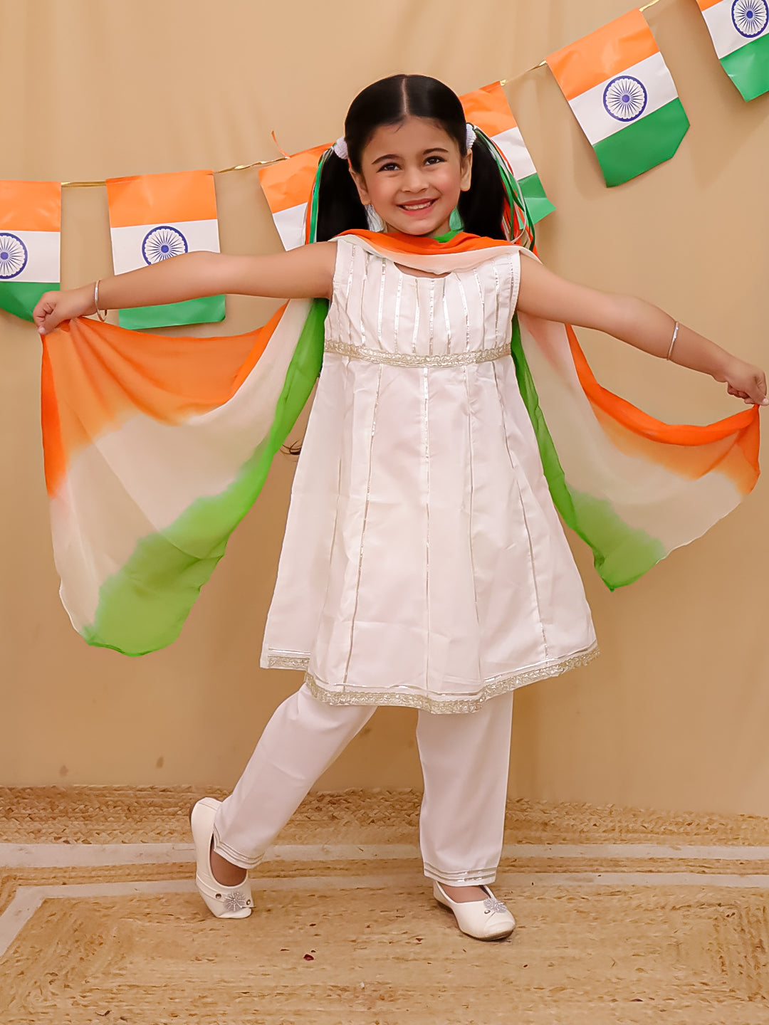 Holi White Cotton Sleeveless Gotta Work Girls Suit Set For Independence Day/ Republic Day