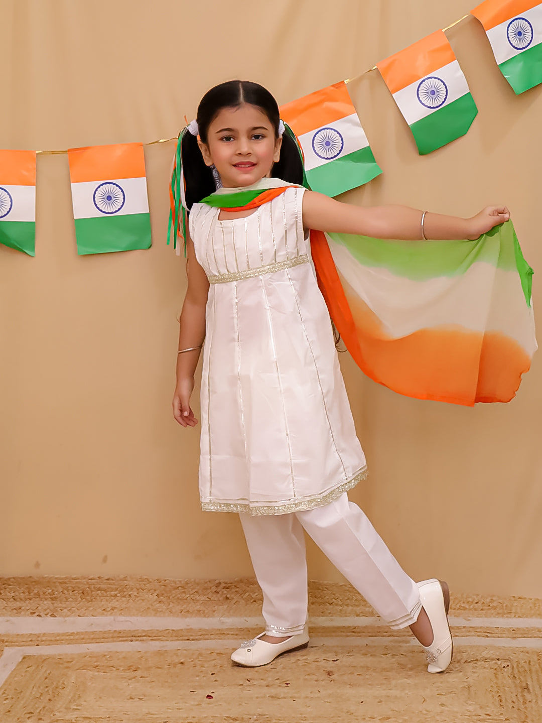 White Cotton Sleeveless Gotta Work Girls Suit Set For Independence Day/ Republic Day