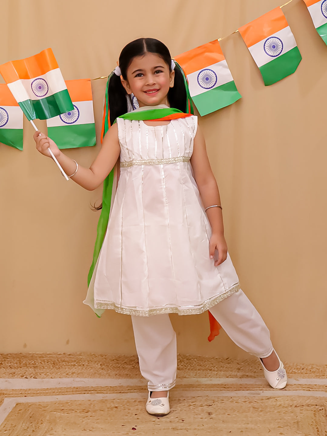 Holi White Cotton Sleeveless Gotta Work Girls Suit Set For Independence Day/ Republic Day