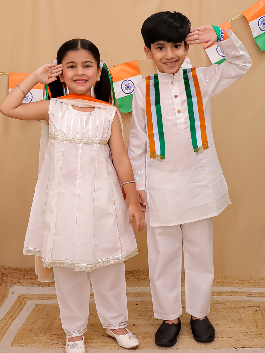 White Cotton Sleeveless Gotta Work Girls Suit Set For Independence Day/ Republic Day
