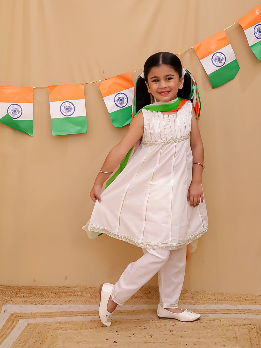 White Cotton Sleeveless Gotta Work Girls Suit Set For Independence Day/ Republic Day