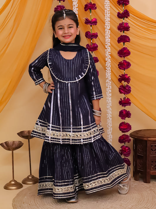 Girls Dark Blue Cotton Sleeveless Lurex and Gotta Work Girls Suit Set