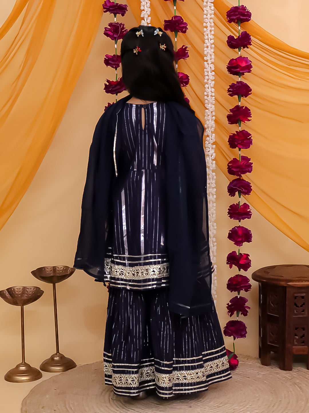 Girls Dark Blue Cotton Sleeveless Lurex and Gotta Work Girls Suit Set