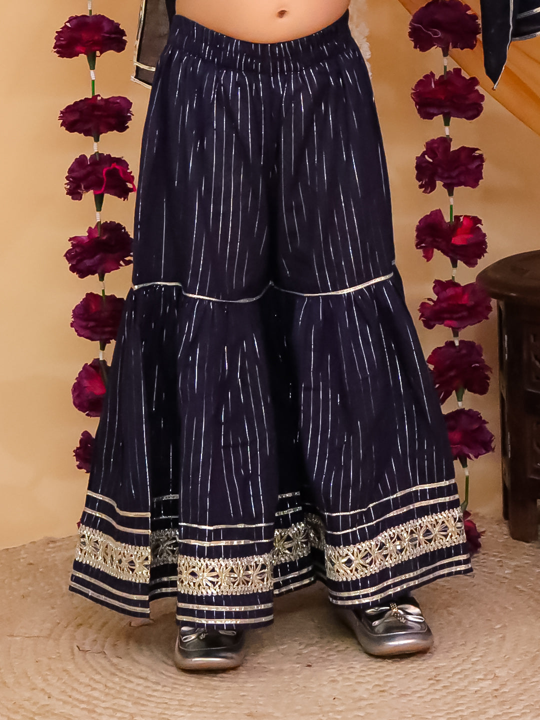 Girls Dark Blue Cotton Sleeveless Lurex and Gotta Work Girls Suit Set