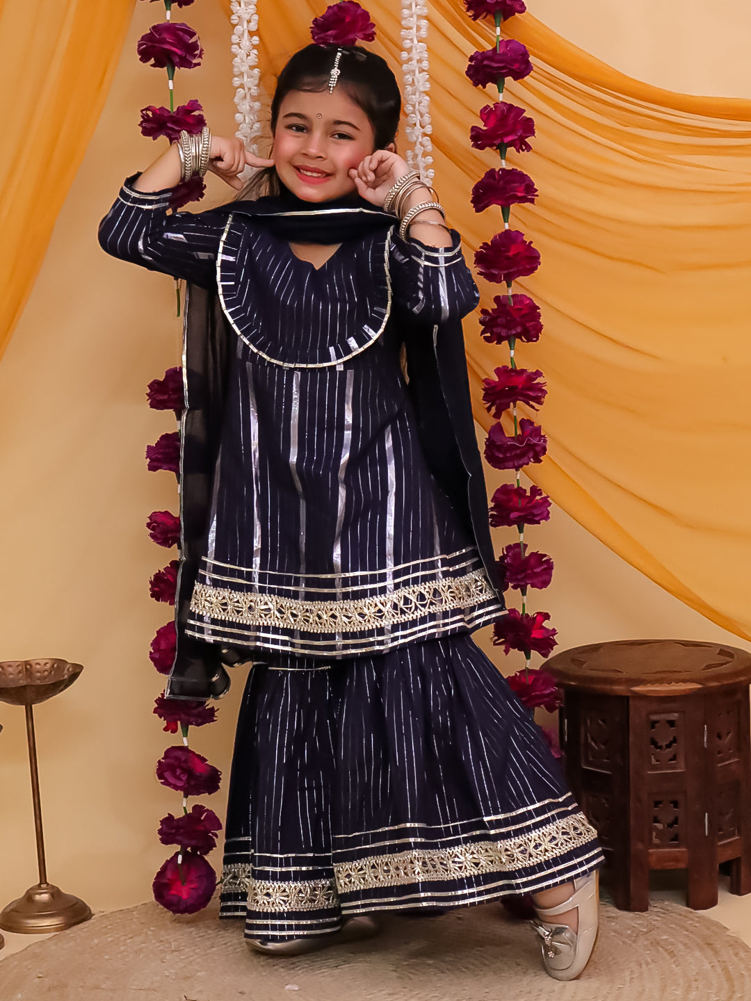 Girls Dark Blue Cotton Sleeveless Lurex and Gotta Work Girls Suit Set