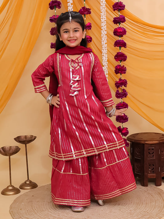 Maroon Cotton Sleeveless Lurex and Gotta Work Girls Suit Set