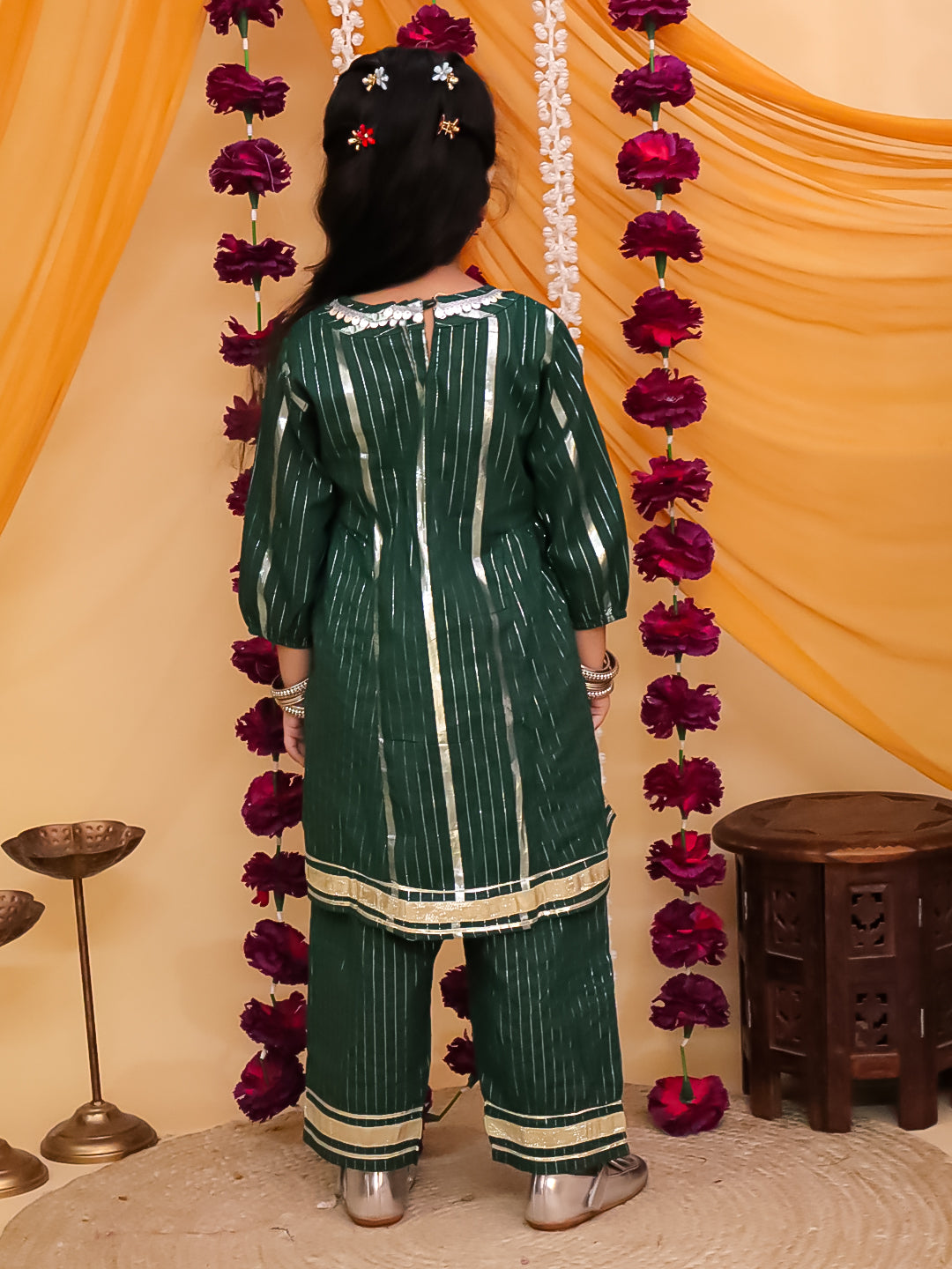 Dark Green Cotton Sleeveless Lurex and Gotta Work Girls Suit Set