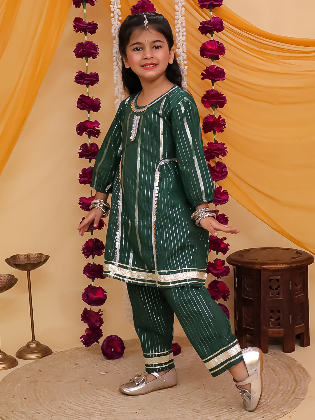 Dark Green Cotton Sleeveless Lurex and Gotta Work Girls Suit Set