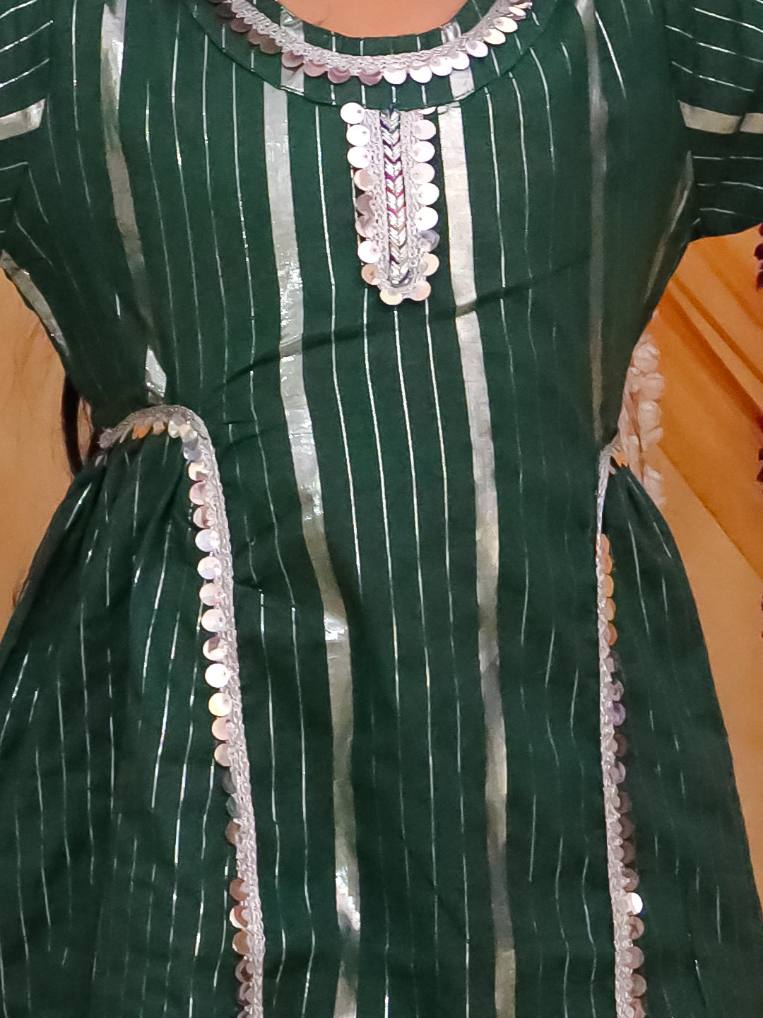 Dark Green Cotton Sleeveless Lurex and Gotta Work Girls Suit Set