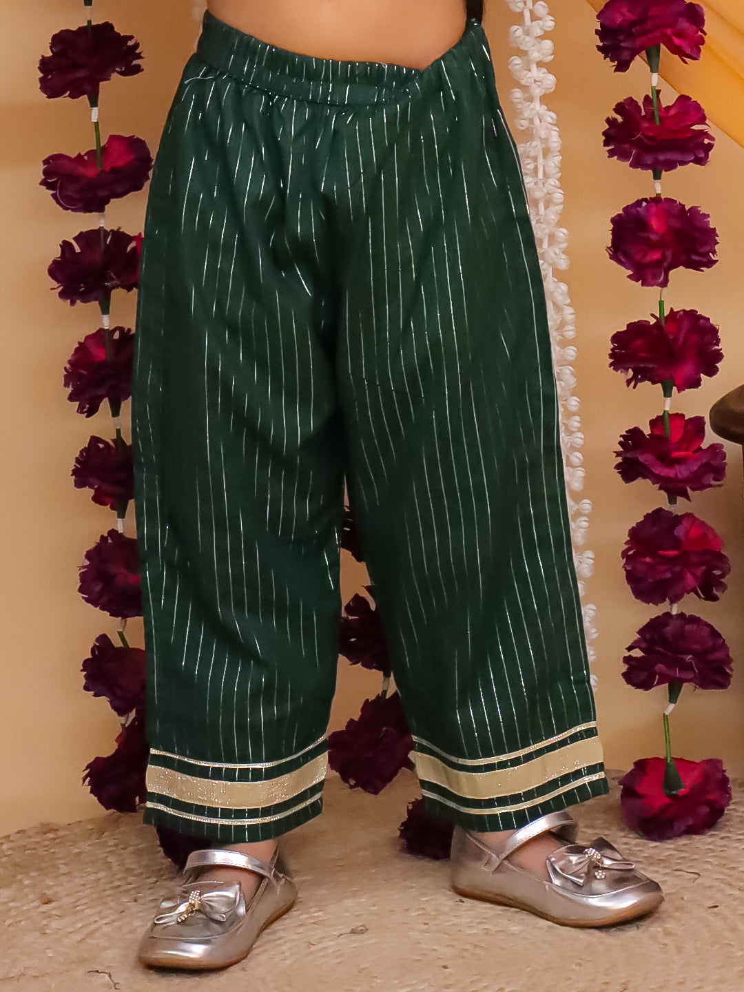 Dark Green Cotton Sleeveless Lurex and Gotta Work Girls Suit Set
